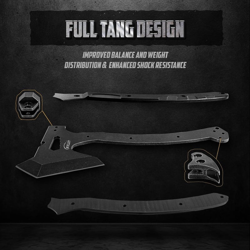 RXLUY Tactical Axe with G10 Handle Camping Survival Hatchet, Multifunctional Outdoor Hiking Heavy Duty Full Tang Tomahawk Tools with Hammer, Unique Design Crowbar, Leather Sheath (Black) - Image 4